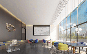A modern office space featuring colorful furniture, large windows, and a map on the wall.