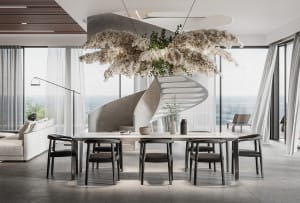 A modern residential interior featuring concrete, glass, and fabric elements.