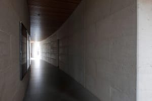 A modern interior space featuring a concrete wall and floor, with a curved ceiling and framed artwork.