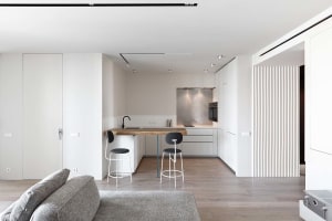 Modern minimalist kitchen with a wooden countertop and white appliances.