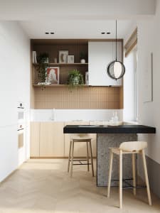 Contemporary kitchen featuring wooden cabinetry, concrete countertops, and metal accents
