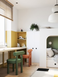 A minimalist bedroom with white plywood walls, furniture, and storage