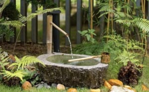 A rustic stone water feature with a bamboo spout surrounded by green plants and rocks.