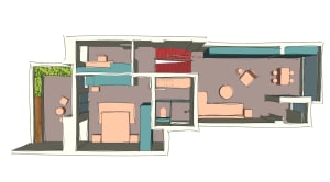 A modern apartment layout featuring a living room, kitchen, and bedrooms.