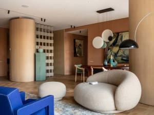 Modern interior featuring a fabric sofa, circular lighting fixtures, and wood flooring.