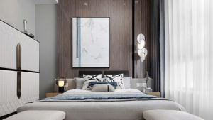 A modern, contemporary bedroom featuring a mix of materials and textures, including a bed with white and black accents, a lar