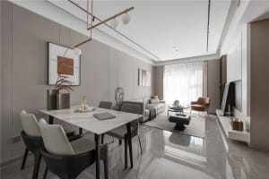 A modern interior design featuring a living and dining room with marble, leather, and glass materials, showcasing contemporar