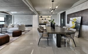 Modern residential interior featuring marble flooring and contemporary furniture