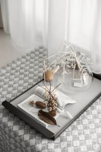 Decorative objects including dried stems, nuts, leaves, and a book on a glass tray.