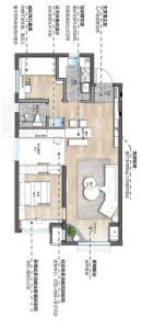 A modern kitchen layout featuring a social space and various functional zones such as bedrooms, bathrooms, and a dining area.