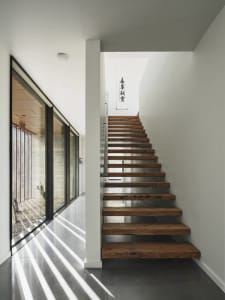 A minimalist house interior featuring a modern wood and glass staircase with sunlight streaming in through the large windows.