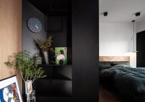 A modern bedroom featuring a dark-colored shelf with a clock, plants, and decor, leading to a bed with velvet bedding and a w