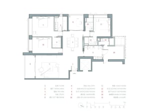 Floor plan of a home interior design with labeled rooms and dimensions.