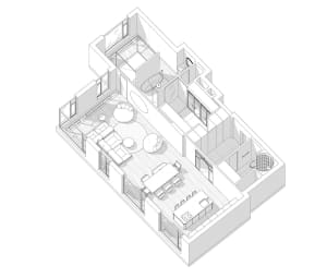 Modern residential apartment floor plan showing living, dining, kitchen, bedroom, and bathroom spaces.