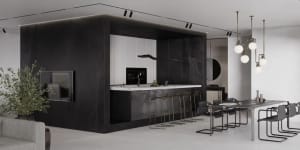 Modern minimalist interior design featuring concrete and white materials with a sleek, clean look.