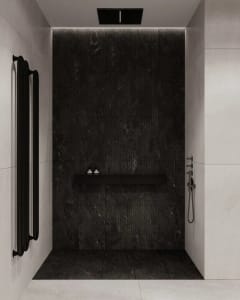 Modern bathroom with black marble walls and ceramic tiles