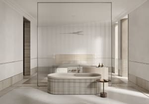 Modern bathroom with wood and glass materials and a large mirror.