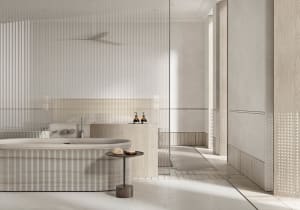 Modern bathroom interior with wood elements and minimalist design.