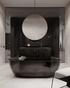 Modern bathroom with a black marble bathtub and sink.