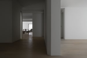 A minimalist apartment with a white interior featuring a living room, dining area, and hallway with wooden flooring and white