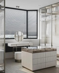Modern bathroom with glass windows and minimalist design elements.