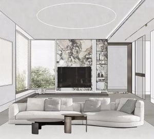 Modern living room featuring marble wall and concrete floor.