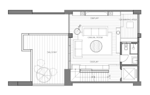 Floor plan of a casual room featuring wooden elements and a central seating area.