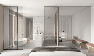 Modern bedroom with marble walls and floor