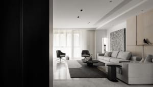 Modern living room featuring minimalist furniture in neutral tones