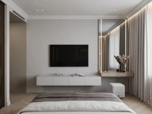 Modern minimalist bedroom with white walls, gray accent, and white flooring featuring a bed with white bedding, a floating en