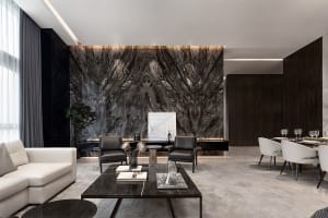 Modern living room with marble accent wall, leather furniture, and minimalist decor.