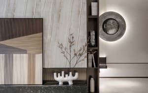 Modern minimalist interior featuring concrete and marble materials.