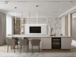 Modular minimalist-style living room with a white marble countertop and white walls.