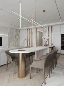 Modern minimalist dining room showcasing a sleek marble table with gold accents and upholstered leather chairs.