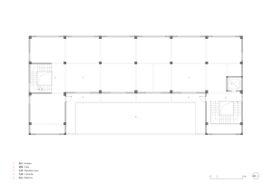 A technical drawing of an industrial building with steel beams and concrete flooring.