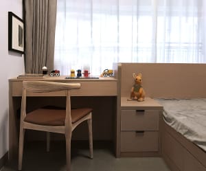 A modern children's bedroom featuring wooden furniture and toys on shelves.