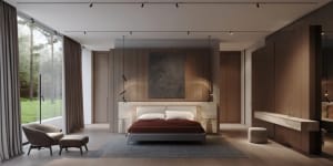 Modern minimalist bedroom featuring wooden walls and a large window overlooking a forest