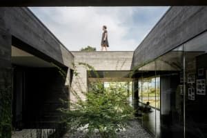 A modern minimalist residential courtyard house featuring concrete and glass materials.