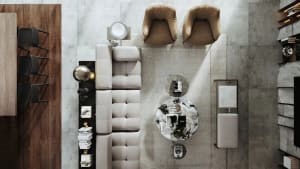 Modern living room featuring minimalist design with concrete elements.