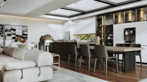 Modern residential dining room with marble elements