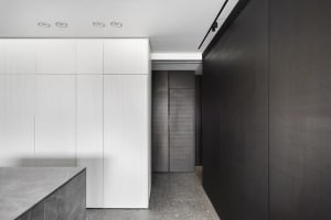 Modern minimalist interior design featuring bamboo materials and clean lines.