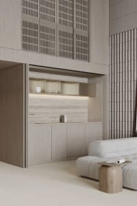 A modern living room featuring a wooden storage unit with a sleek, minimalist design.