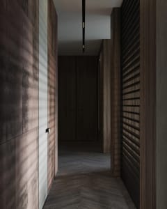 A modern hallway with dark wooden walls and flooring, featuring a minimalist aesthetic.