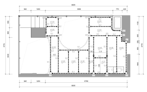 Modern architectural floor plan with concrete, glass, and steel materials