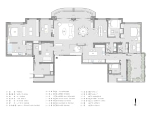 Modern home interior with living, dining, and bedroom spaces.
