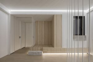 A minimalist residential entryway featuring wooden paneling and a large window.