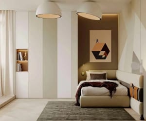 A modern bedroom with neutral-colored furniture and a geometric wall painting.