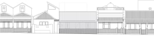 A line drawing showcasing a housing rendering with various architectural features and materials.