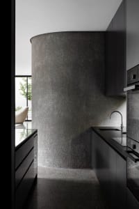 Modern minimalist kitchen featuring gray concrete walls and black cabinetry.