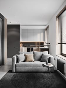 Contemporary living room featuring a grey upholstered sofa with pillows and a small side table.